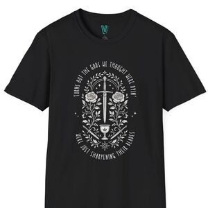 Black Graphic Tee with Sword and Floral Design (Unisex)